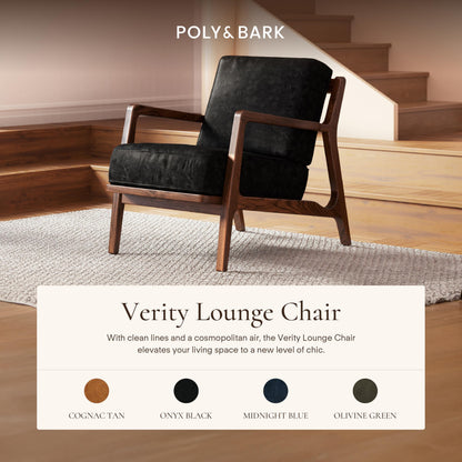 Poly & BARK Verity Leather Accent Chair – Armchair with Walnut Wood Frame – Fashion-Forward Lounge Seating for Living Room – Upholstered in Onyx Black Leather for Modern Style