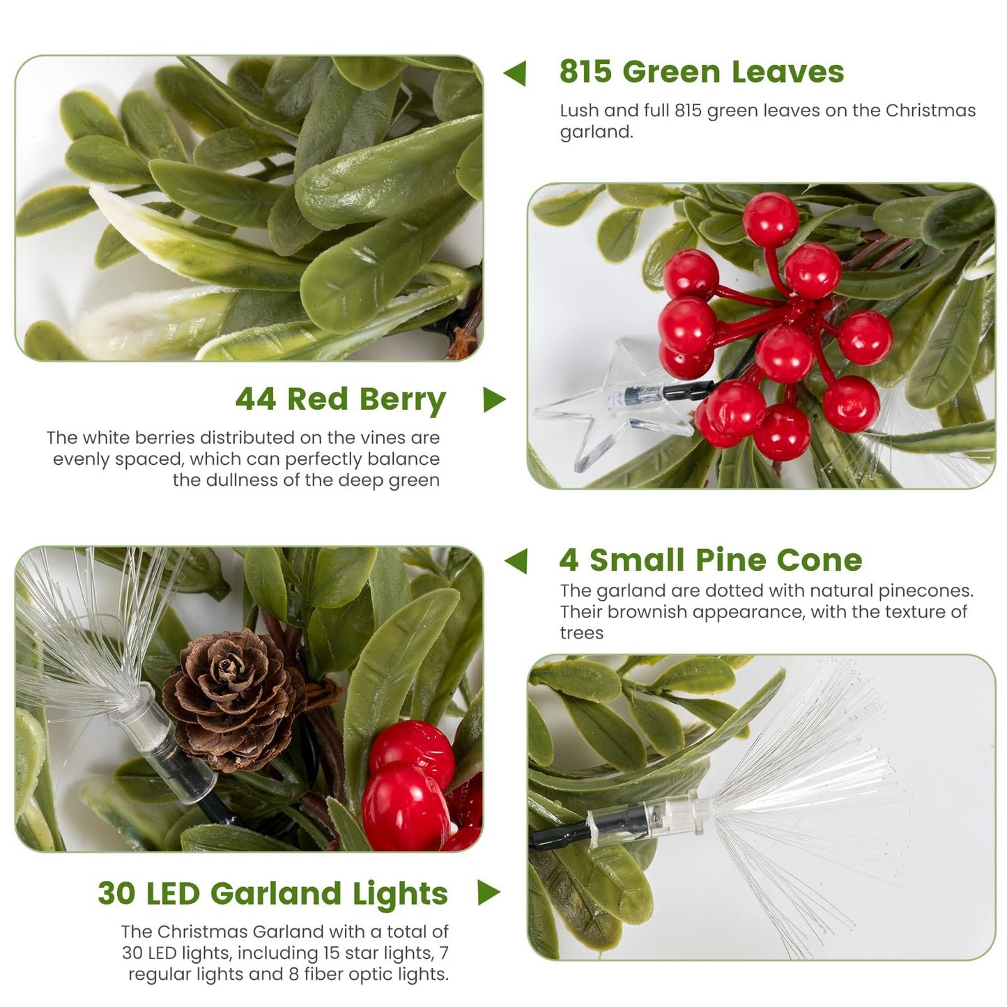 6.5FT Christmas Garland with Lights & Timer, 30 LED Pre-lit Greenery Olive Garland with Red Berry Pinecone, Battery Operated Lighted Garland for Fireplace Mantle Door Stairs Table Christmas Decoration
