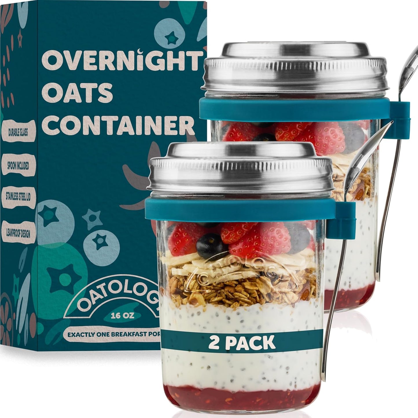 16oz Set 2 Pack Overnight Oats Containers with Lids & Spoons - Stainless Steel Lid Leakproof Glass Jars for Chia