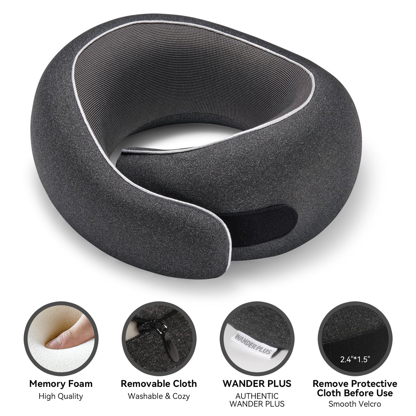 WANDER PLUS® Travel Pillow, 100% Pure Memory Foam Travel Neck Pillow Airplane Neck Support Ergonomic Design Best for Sleeping Plane Car Train Office Flight for Adults Black
