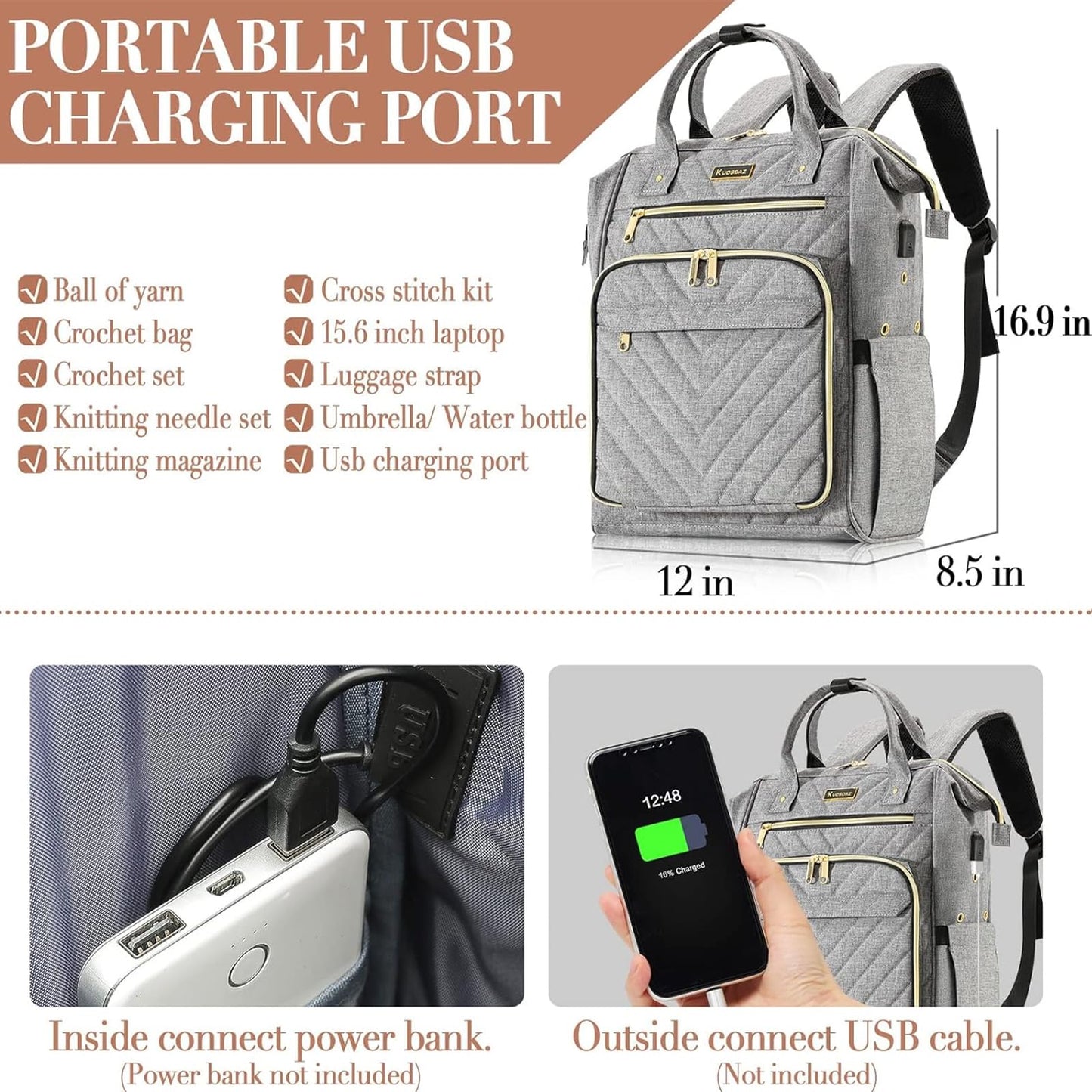 Knitting Bag Backpack, Crochet Bag Tote with USB Charging Port, Yarn Storage Organizer, Gifts for Crocheters Crochet Lovers Gift, Yarn Storage Tote Bag for Knitting & Crochet Accessories, Grey