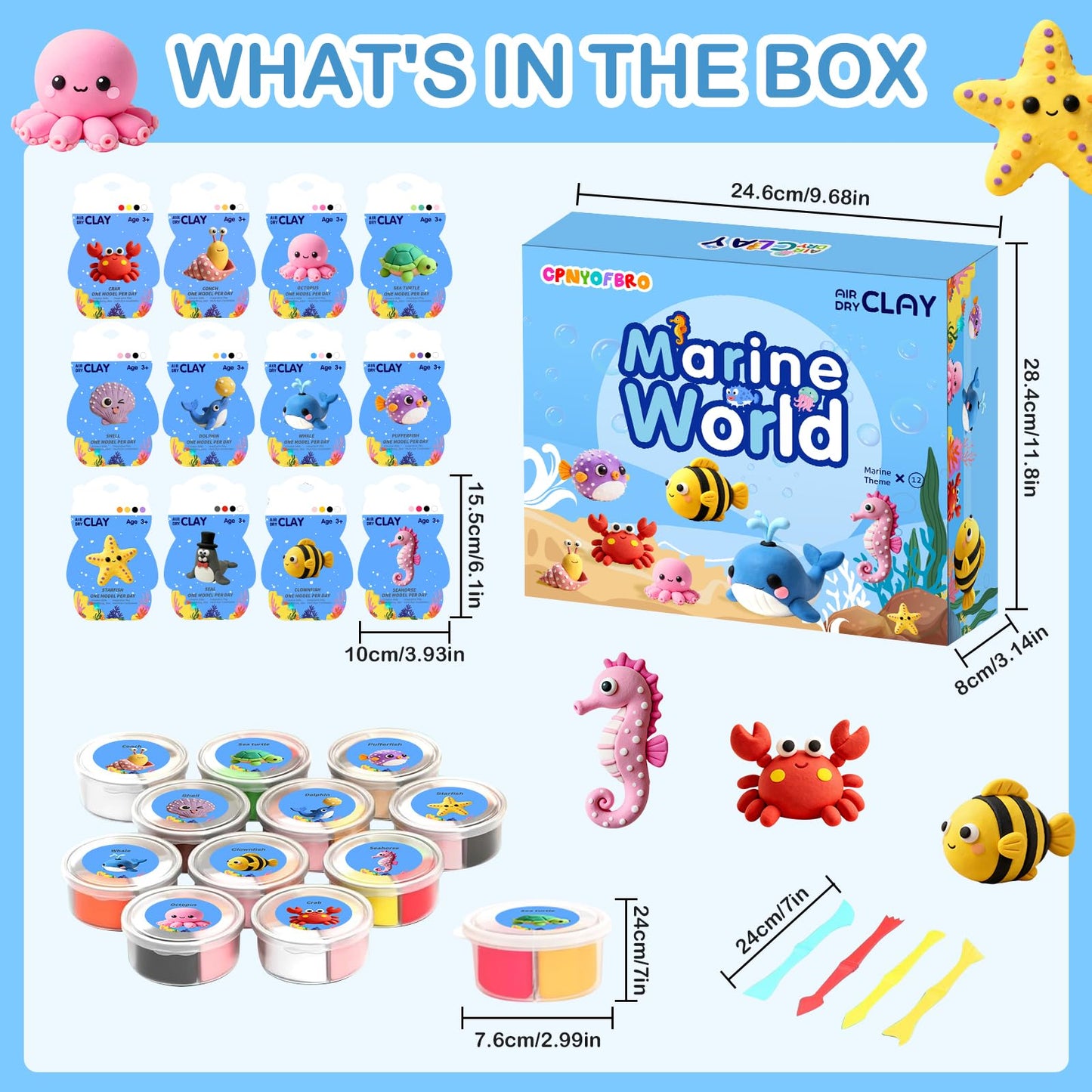 Air Dry Clay Kit - 12 Marine Animal Modeling Clay for Kids, Complete DIY Clay Craft Set with Sculpting Tools & Step-by-Step Tutorials, Ultra Soft & Non-Sticky Clay, Children's Day Gift Ideas