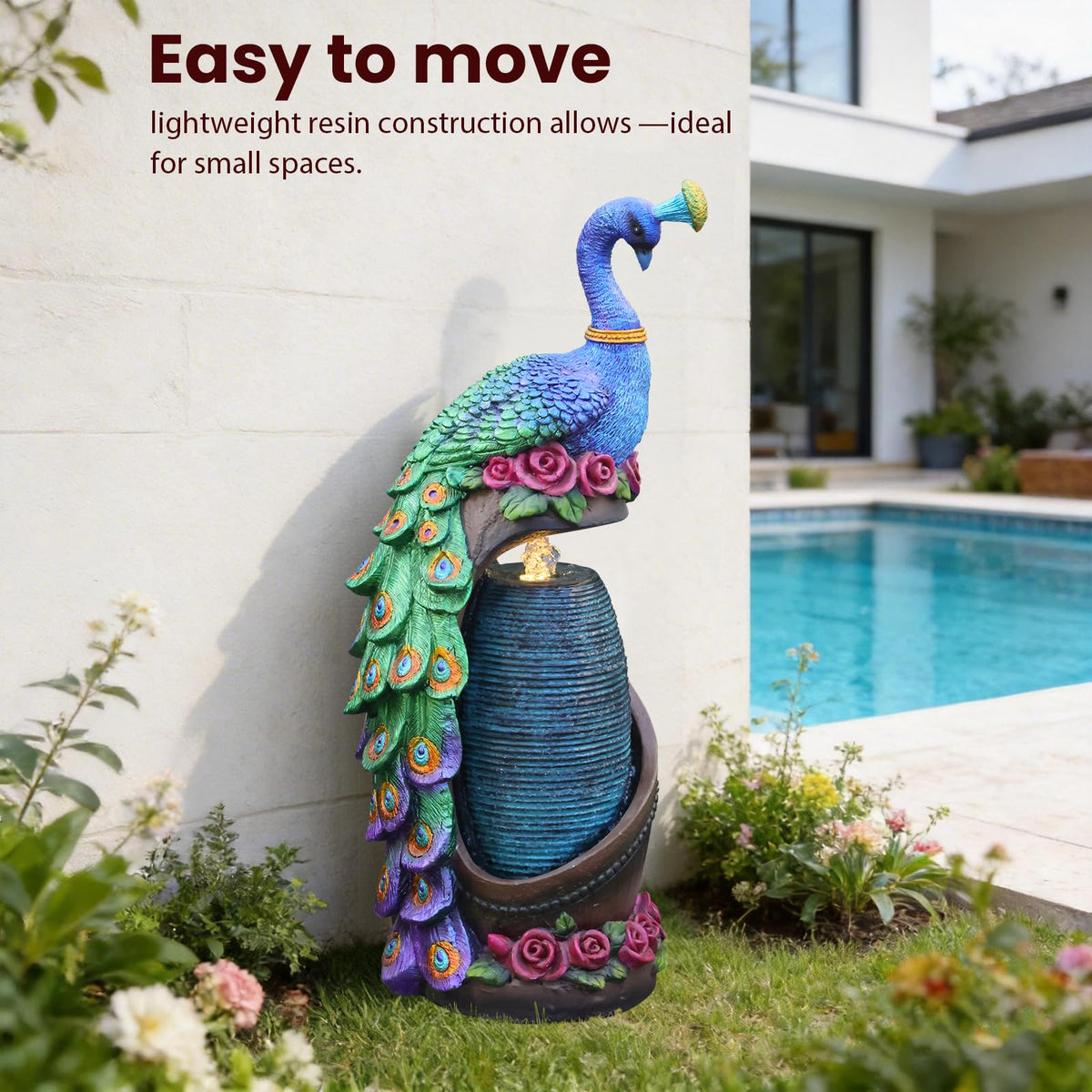 Tankana Outdoor Water Fountain 32" H Cascading Peacock Waterfall Fountain with LED Lights & Pump Tiered Water Feature for Garden, Patio, Backyard, Deck, and Porch Decor