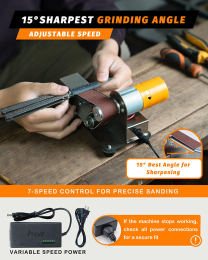Mini Belt Sander, Electric Small Sander Knife Making Supplies, 7 Adjustable Speed Electric Knife Sharpener, Power Belt Grinder for Woodworking, Metal Working DIY (6.5'' x 6.8'' x 4.8'')