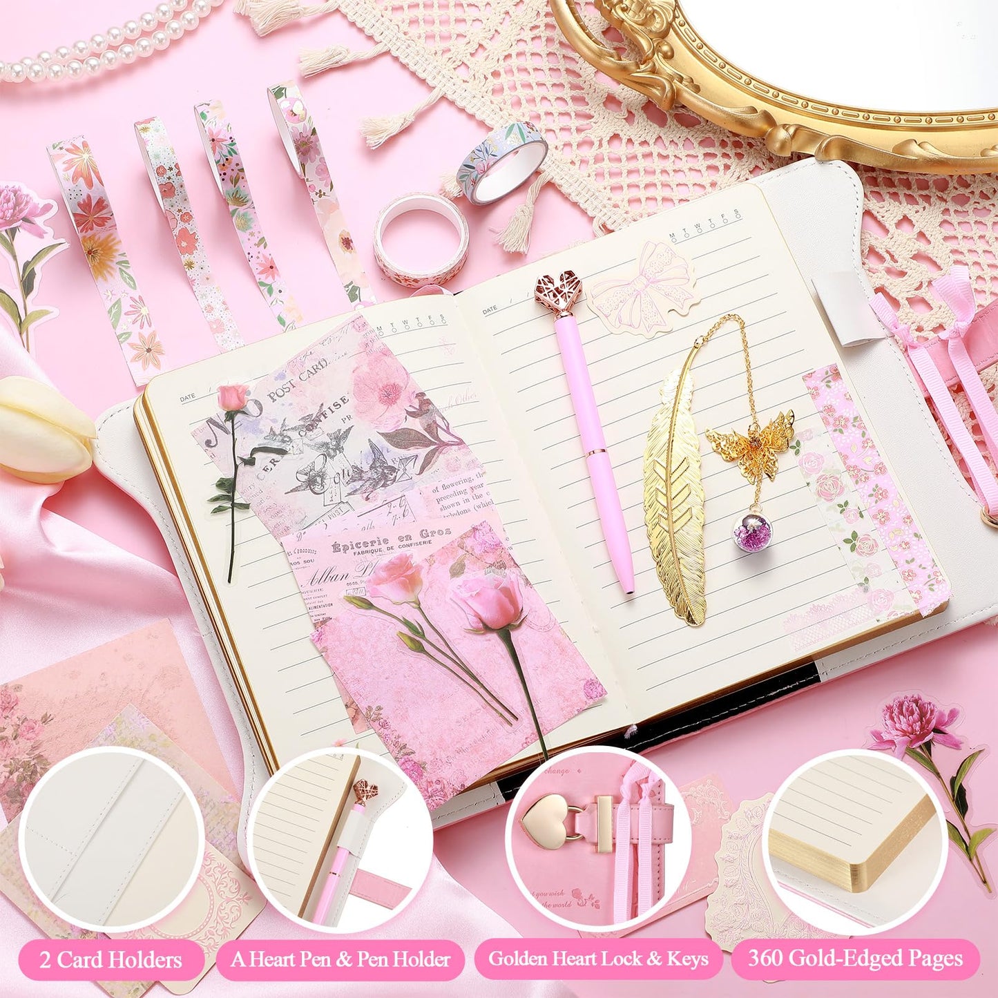 Janlaugh DIY Journal Diary with Lock Set Scrapbook Kit Stationary Diary Supplies Art Crafts Kit for Birthday Holidays Ideal Gifts for Women Teen Girls(Pink,Classic)