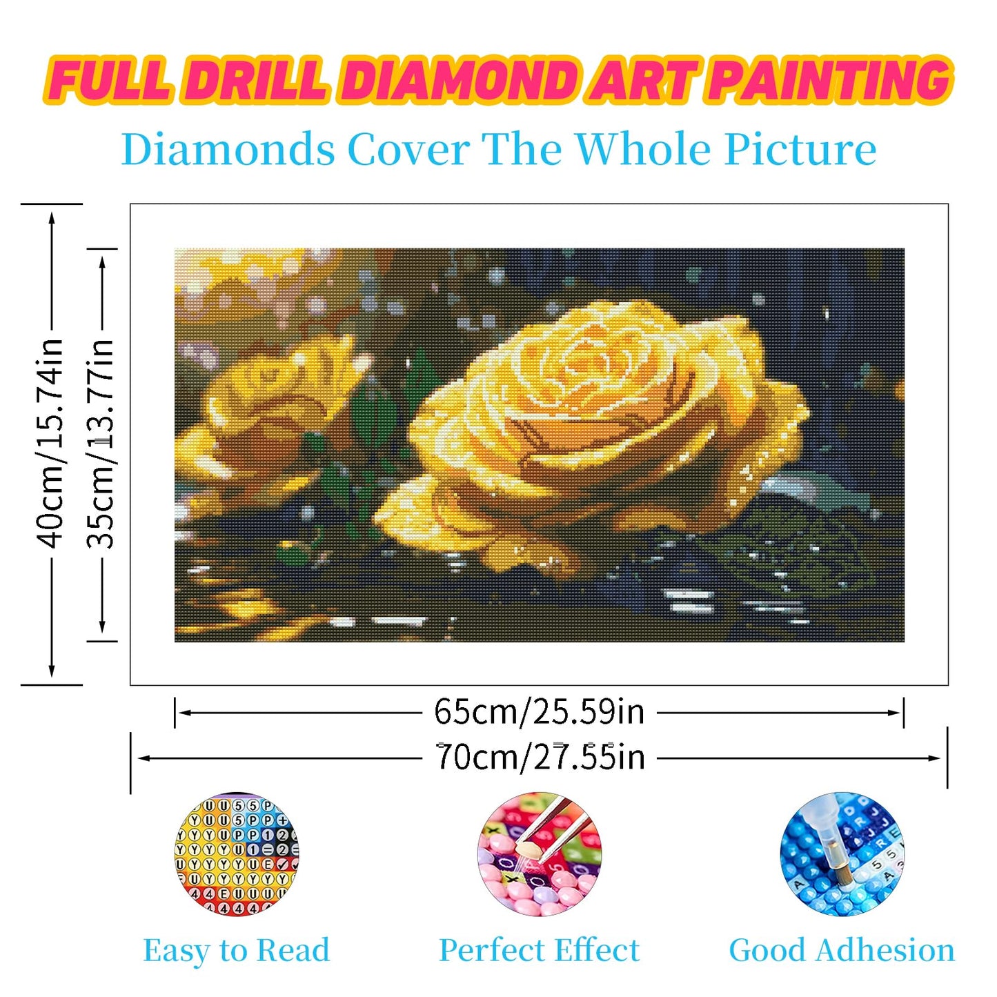 DDGEMART 5D Yellow Rose Diamond Painting Kit - Full Drill Round Beads DIY Floral Diamond Art Canvas for Adults, Elegant Flower Wall Decor 28x16 Inch