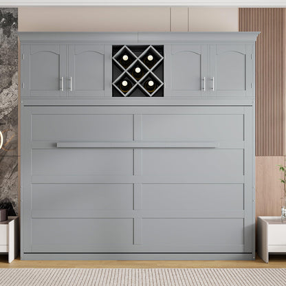 Murphy Bed Queen Size,Murphy Bed with Top Cabinets & Wine Rack,Space-Saving Hideaway Wall Foldable Bed w/Dual Piston Metal Folding Mechanism,Bedroom Folding Bedframe for Guest Room,Gray
