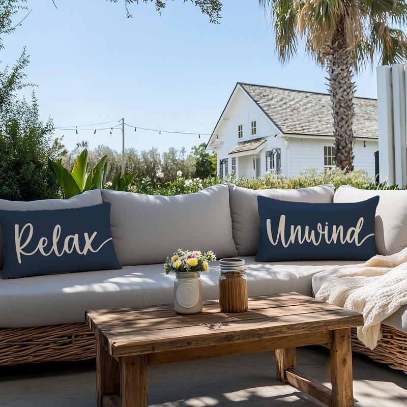 HERHOME Decorative Throw Pillow Covers 12x20 Inch Set of 2 Relax Unwind Navy Blue Outdoor Coastal Spring Summer Front Porch Patio Decor Lumbar Cushion Case Decoration for Home Sofa Couch Living Room