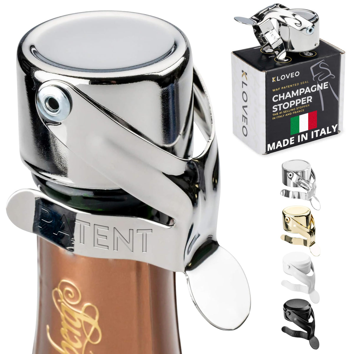 KLOVEO Champagne Stoppers - Patented Seal - Made in Italy - Professional Grade WAF Champagne Bottle Stopper - Prosecco, Cava, and Sparkling Wine Bottle Stopper