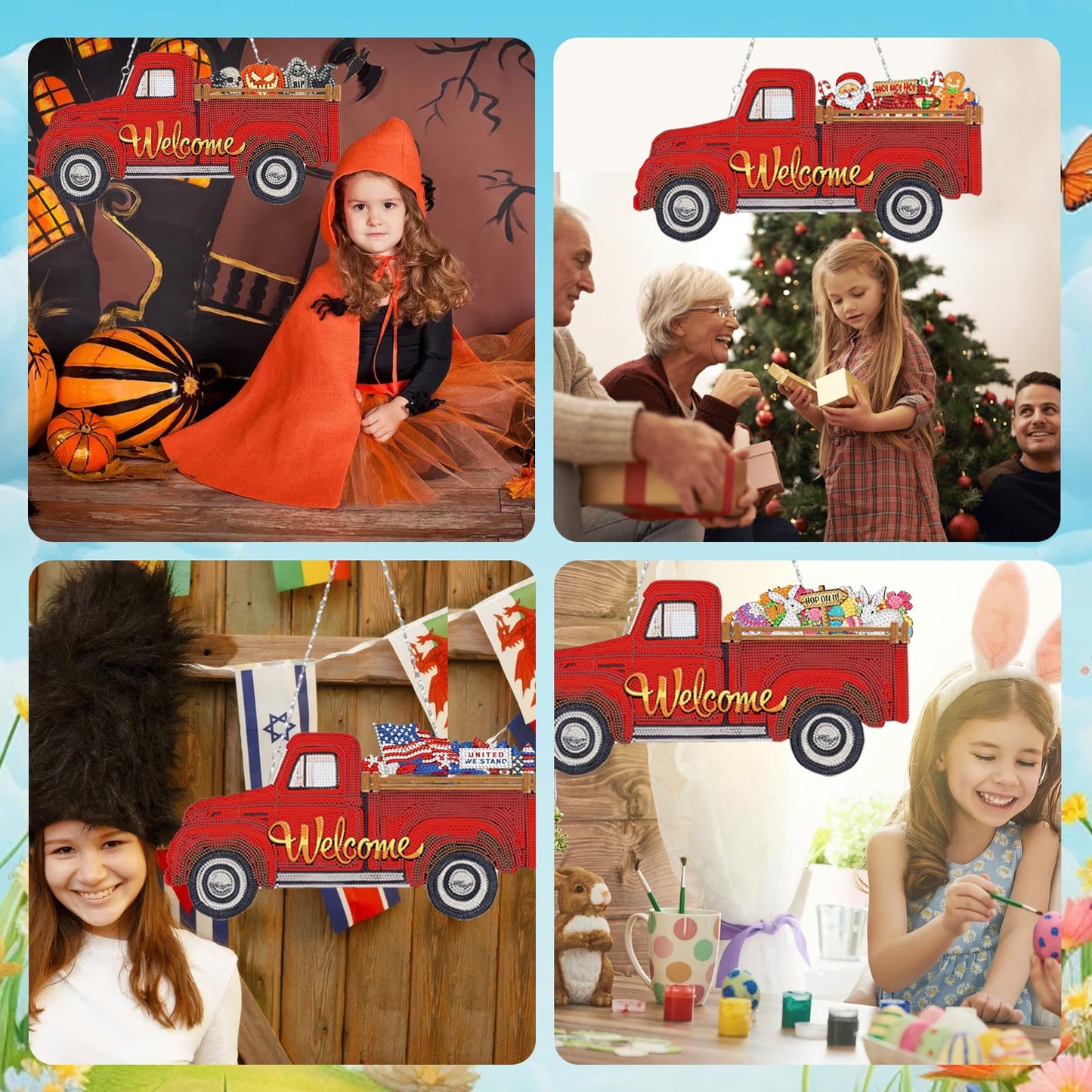 APCGSM 13PCS Interchangeable Diamond Painting Welcome Sign for Front Door Holiday Decor Red Truck Hanging Sign DIY Diamond Art Kits for Adults Interchangeable Seasonal Decor for Home Wall Farmhouse