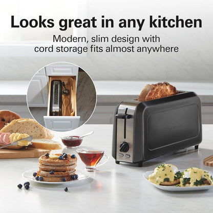 Hamilton Beach Extra Long Slot 2 Slice Toaster - Browning Control, Bagel Function, Modern Slim Design, Black