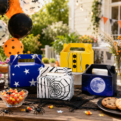 24 Pcs Spooky Themed Party Favor Boxes Cartoon Movie Theme Treat Paper Boxes Spider Star Moon Button Paper Box Halloween Supplies Spider Birthday Themed Favor Box for Celebration Party Supplies