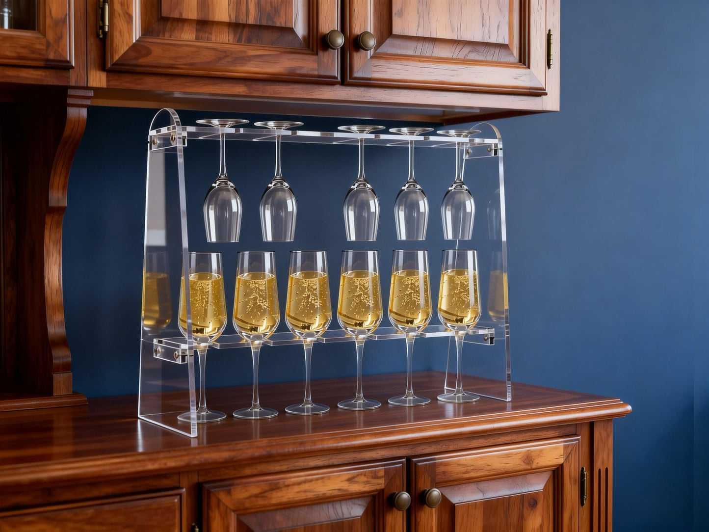 SOVQUEST Acrylic Stemware Rack, 2 Tier 12 Slot Trapezoid Champagne Wine Glass Holder, Modern Durable Countertop Bar Storage Organizer (Trapezoid)