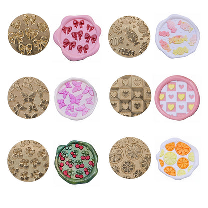 DBEFTLI 6-Piece Cute Wax Seal Stamp Set – Full-Coverage Pattern Collection with Solid Brass Heads & Wooden Handle – Kawaii Candy Cherry Butterfly Designs for Cards, Envelopes & DIY Crafts