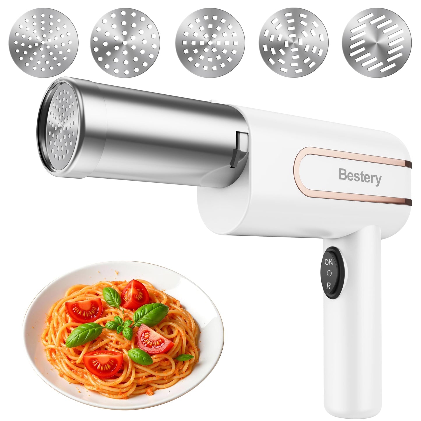 Bestery Electric Pasta Maker Machine 5 in 1 Cordless Handheld Automatic Noodle Maker for Homemade Spaghetti Making Tool Durable and Compact DIY Pasta Press in the Kitchen White