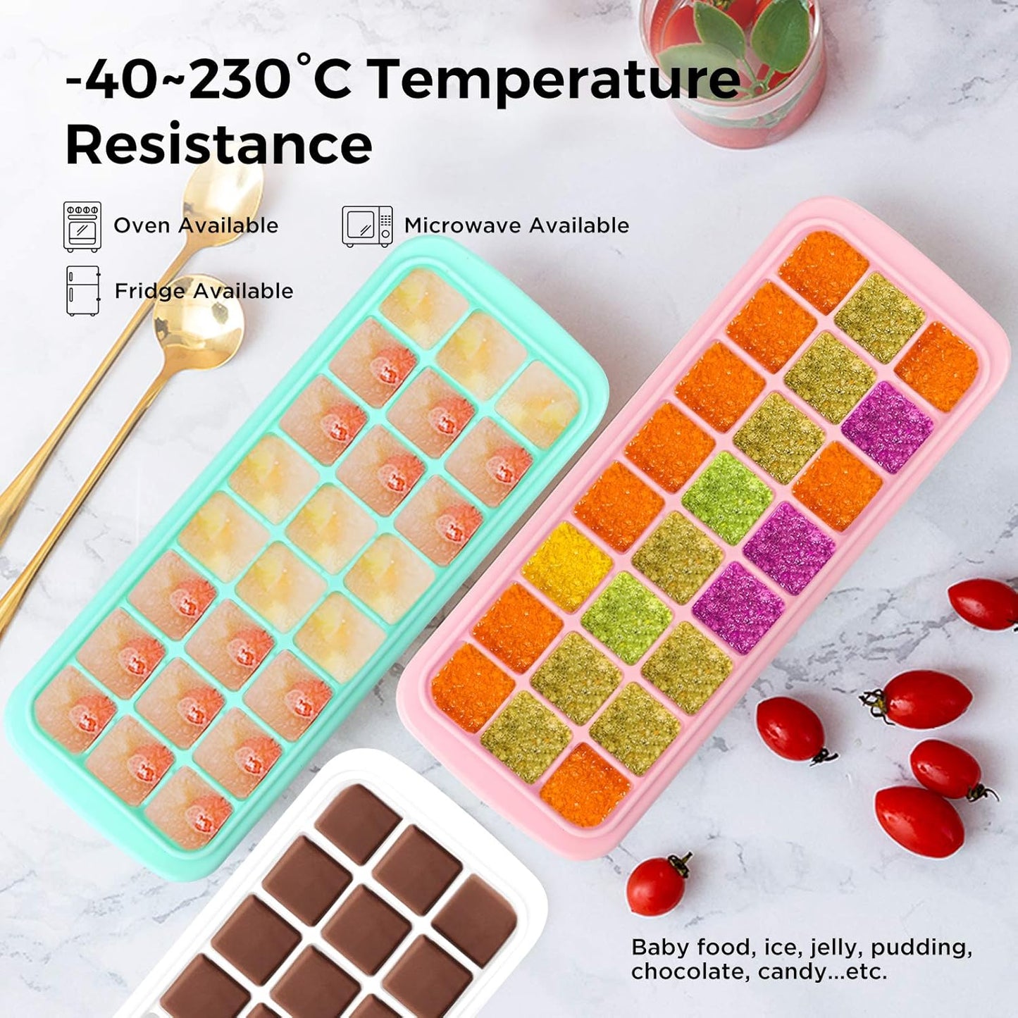 Soft Silicone Ice Cube Tray with PP Lid, Flexible Ice Cube Trays for Freezer (24 Cubes, Blue)