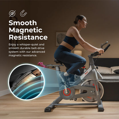 Sunny Health & Fitness Smart Indoor Cycling Magnetic Resistance Exercise Bike, Cardio Workout for Home, Pulse Sensor, with Dumbbell Holder, Bluetooth Connectivity and SunnyFit App - SF-B123033