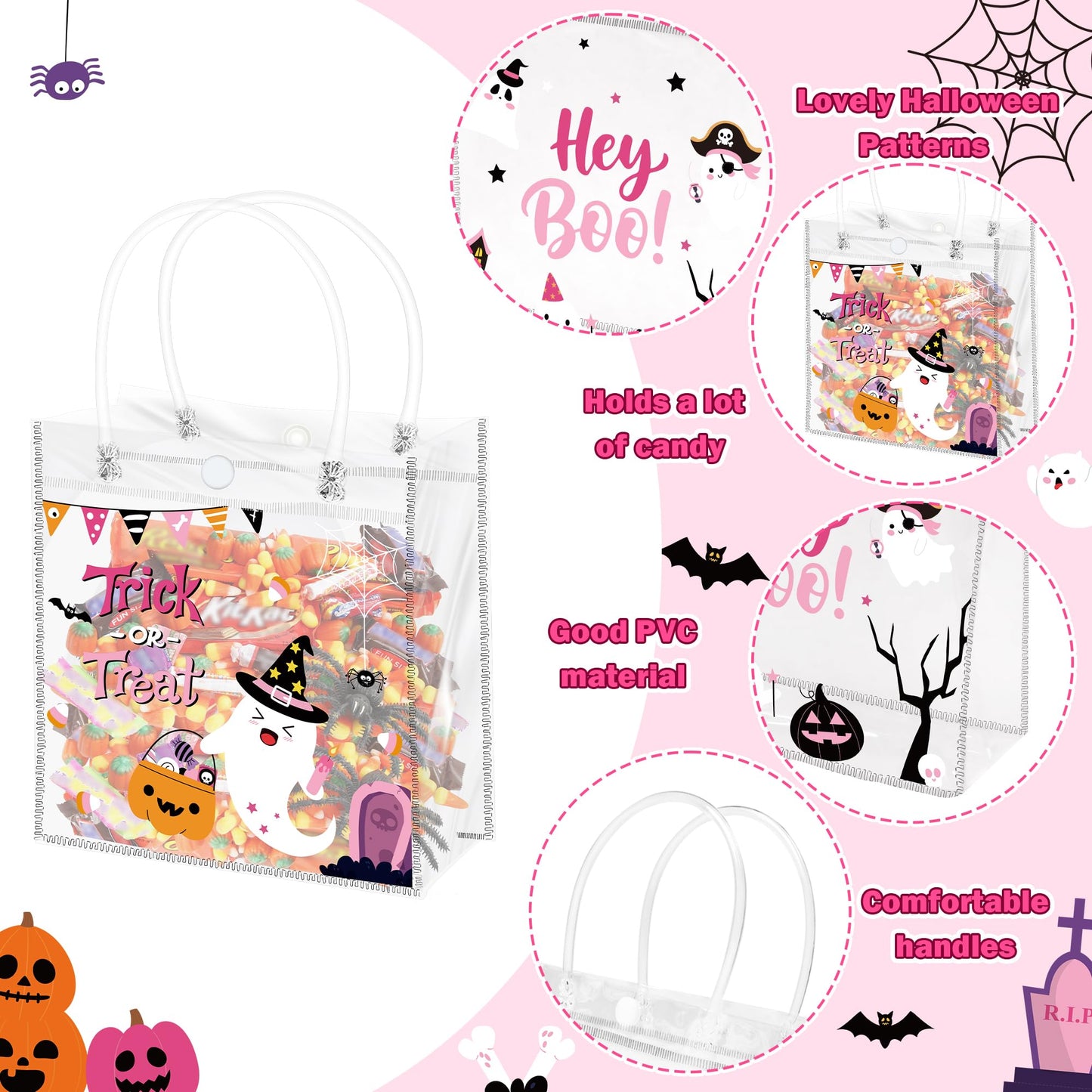 H1vojoxo Halloween Party Gift Bags - 24PCS Pink Halloween Clear PVC Gift Bags with Handle Trick or Treat Goodie Treat Tote Bag Reusable Hey Boo Pumpkin Tote Bag for Kid Pink Ghost Parties Favor Supply