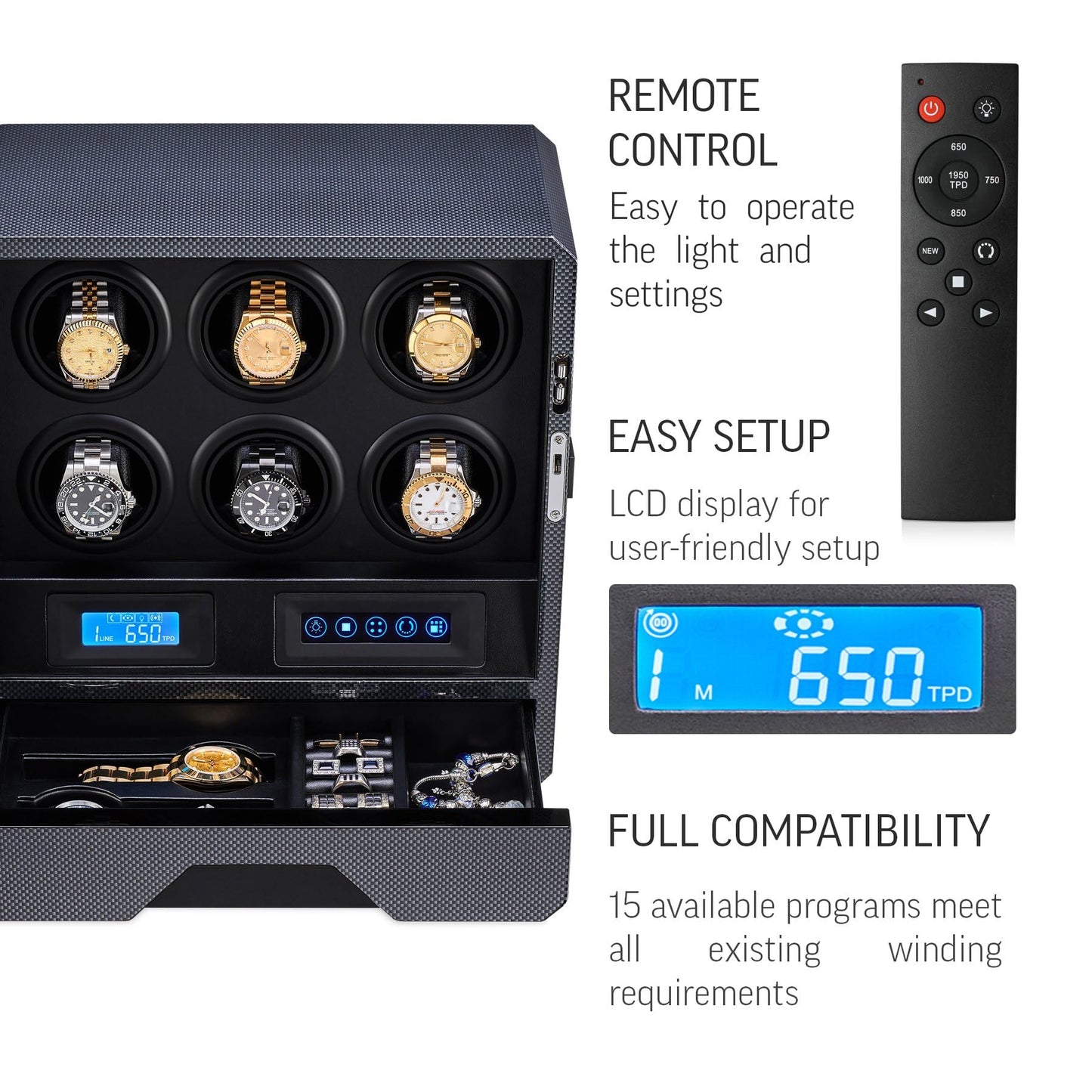 6 Watch Winder with LED Light, LCD Display and Storage Drawer (Carbon)