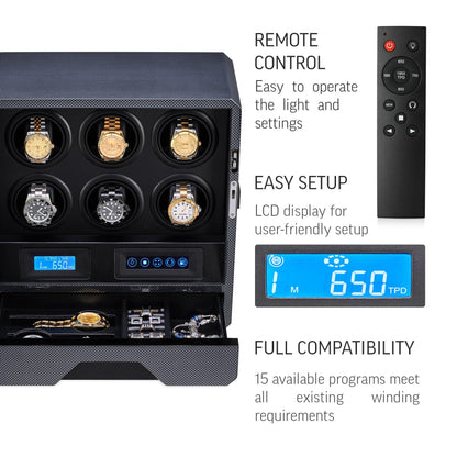 6 Watch Winder with LED Light, LCD Display and Storage Drawer (Carbon)