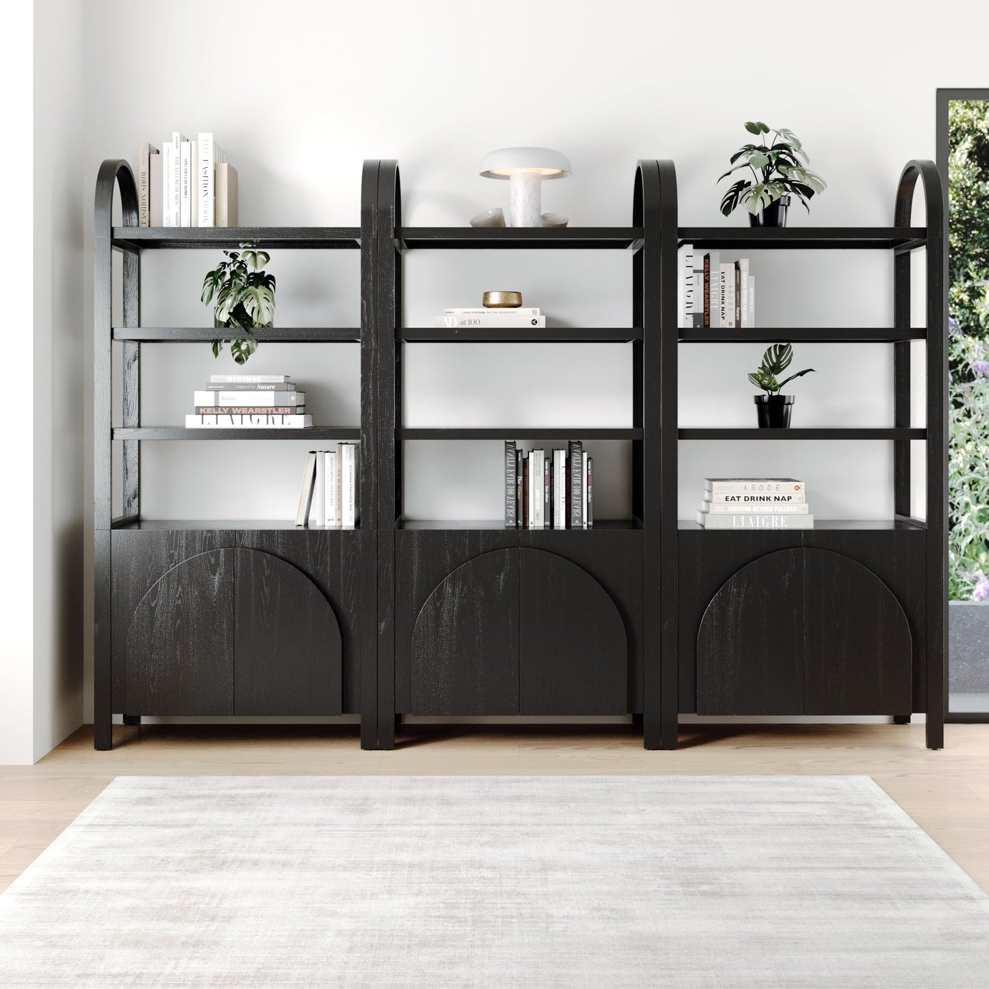 Nathan James Iris 3 Tier Bookshelf, Arched Bookcase Cabinet, Solid Wood Bookcase with Cabinet Base, Boho Bookshelf in Midnight Charcoal Finish, Set of 3