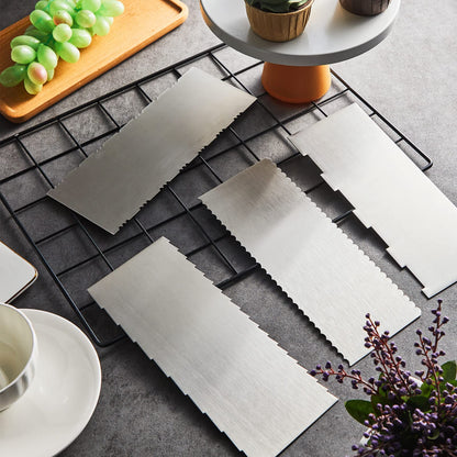 4 Pieces Stainless Steel Cake Scraper 9 Inch Large Double Sided Patterned Edge Stripe Edge Smoother Scraper Cake Decorating Comb Pastry Cutter for Mousse Butter Cream Decoration(9 x 3.5 Inches)
