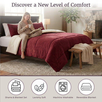 Lavish Home 3 Piece Sherpa/Fleece Comforter Set, King, Burgandy