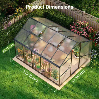 8x10FT Greenhouse Kits with Hygrometer, Polycarbonate Green Houses for Outside Heavy Duty with Aluminum Frame, Walk in Greenhouses with Drainage Channel Roof Vent for Backyard or Garden Use