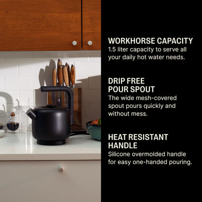 Fellow Clyde Electric Kettle - 1.5 Liter Capacity - Modern Twist On Stovetop Design, All-Purpose, Stainless Steel - Warm Water for Ramen, Oatmeal, Tea, Coffee & more - Large Capacity - Smoke Green