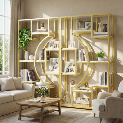 HolliWill Modern Book Shelf, White and Gold Bookshelf, 70.8 Inch Tall Etagere Bookcase, Set of 2 Geometric Display Shelves for Living Room, Bookcases/Bookshelf with Metal Frame for Home Office