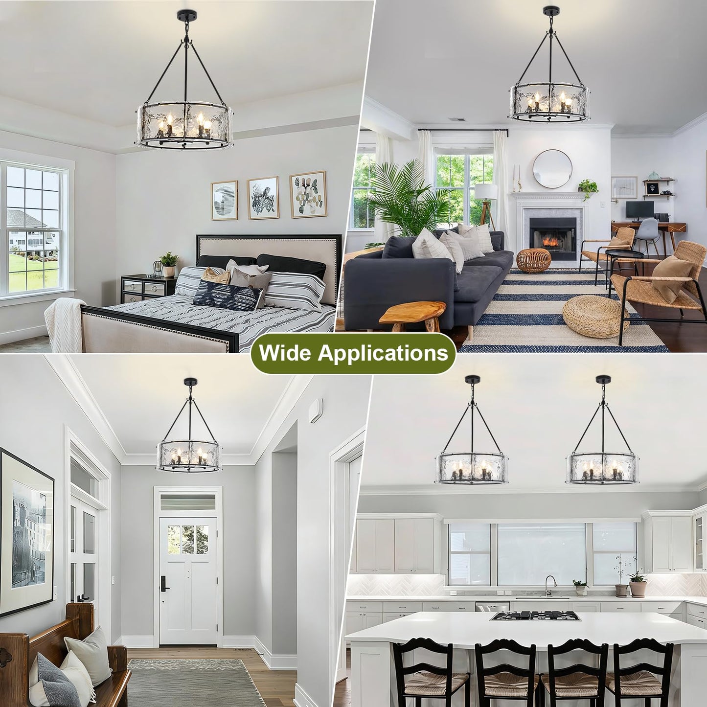 Enjoy the lights 5-Light Dining Room Light Fixture, Black Modern Drum Chandelier with Textured Glass Shade, Adjustable Farmhouse Chandelier for Foyer, Entryway, Kitchen Island, Living Room
