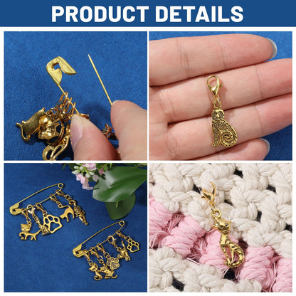 CONCHLERY 60 Pcs Cat Stitch Markers Charm Cat Crochet Markers Alloy Stitch Marker Planner Charms for Knitting Crocheting Quilting Weaving Jewelry Making Supplies, Gold