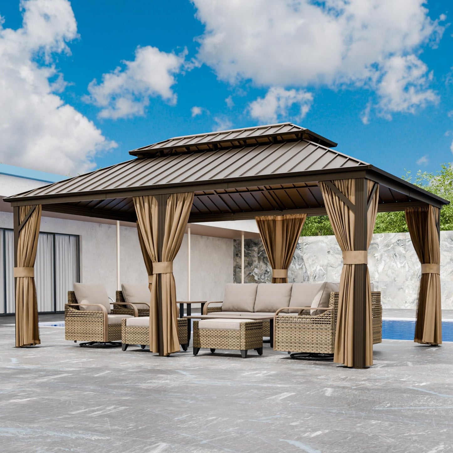 EAGLE PEAK 12x18 Hardtop Gazebo, Galvanized Steel Double Roof with Aluminum Frame, Outdoor Pavilion with Netting and Curtains for Patio, Deck, Lawn and Garden, Dark Brown/Tan