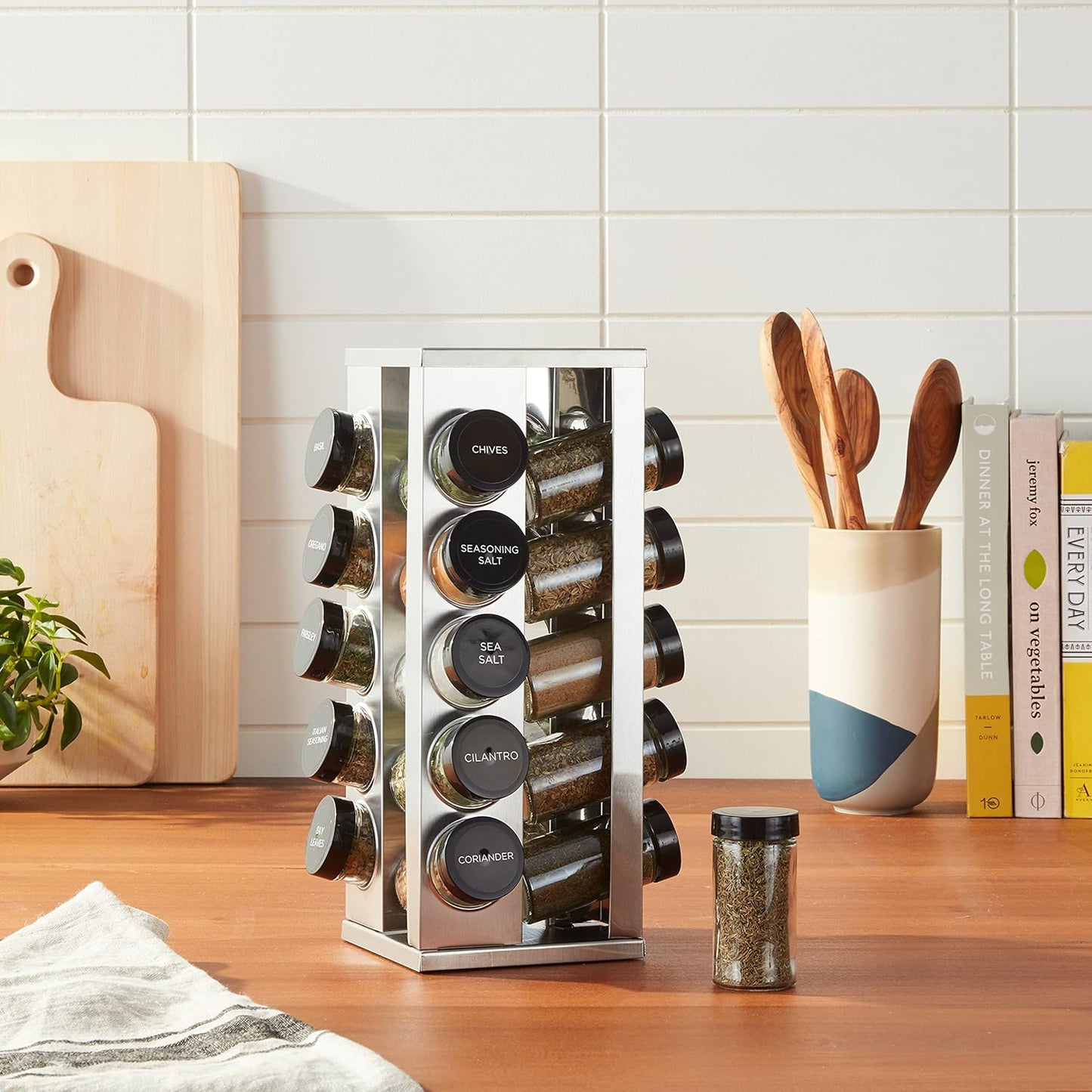 20 Countertop 5 Kamenstein Jar Heritage Revolving Spice Rack with Spices Included, Brushed Stainless Steel Rotating