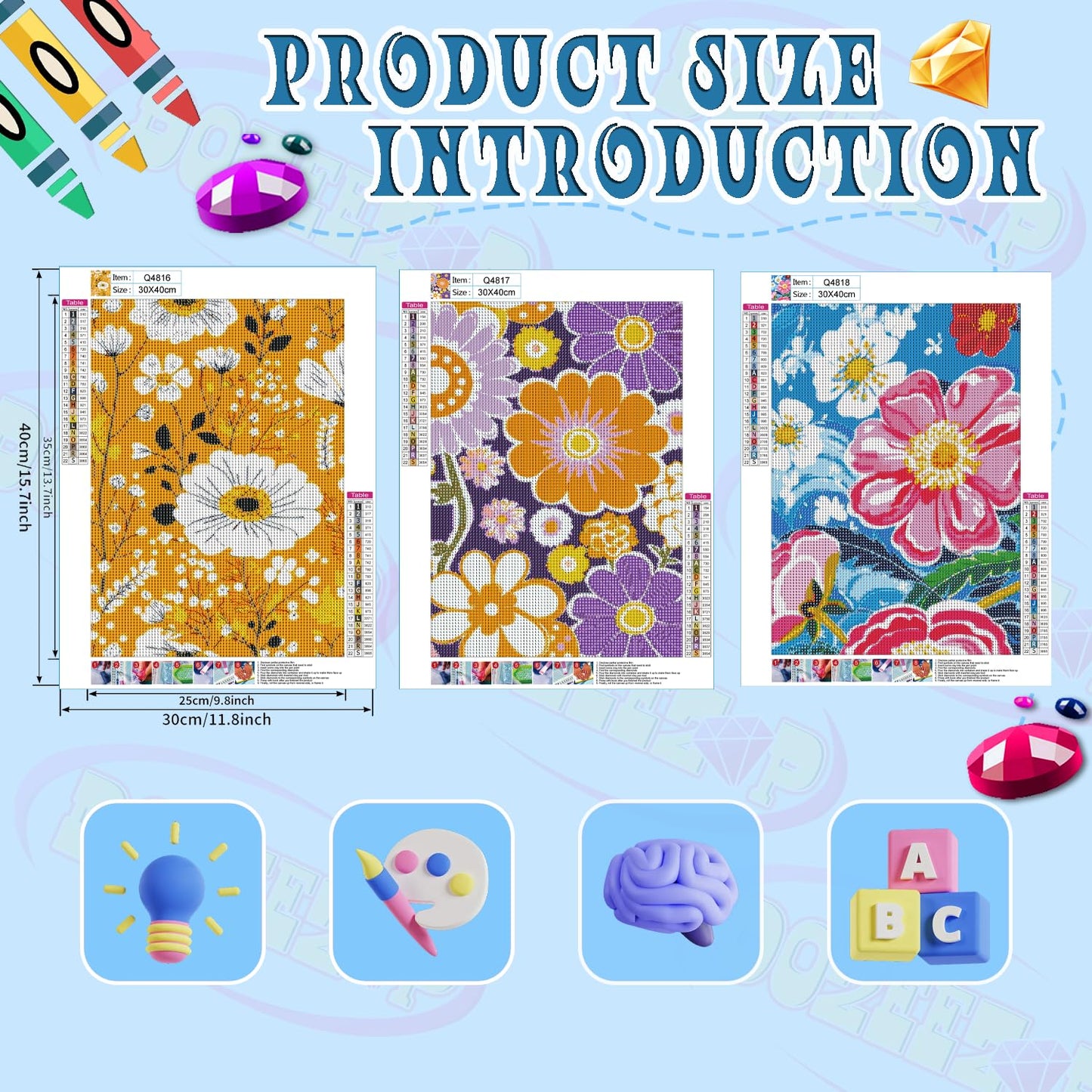 DOZEEZOP 3 Pack 5D Diamond Painting Kits for Adults, Diamond Art Kits for Adults Beginners of All Ages, Round Full Drill Arts and Crafts Gems Home Wall Decor 12x16 Inches Flowers