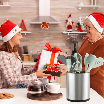 LIBODOUR Kitchen Utensil Holder Extra Large 360°Rotating For Counter Organizer Stainless Steel Storage Cooking Silverware Caddy 3 Compartment Flatware Spoon Spatula Tool Cutlery Container（Silvery）