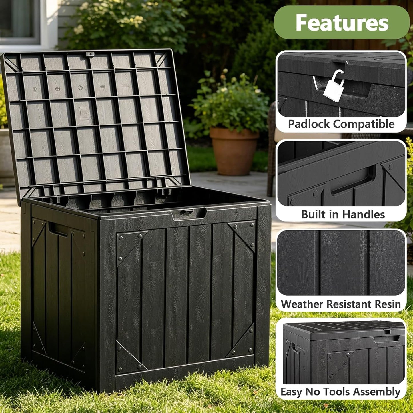 Box,30 Outdoor Storage Gallon Deck Box Outdoor Storage Bench Outside Waterproof Resin Storage Bench, Lockable Patio