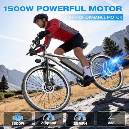 GWEIT Electric Bike for Adults with 1500W Peak Motor, 25MPH 65Miles Electric Mountain Bike with 48V 10AH Removable Battery, 26" Commuting Ebike with 7 Speeds Front Suspension