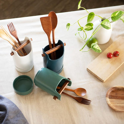 Kitchen Utensil Holder for Flatware, Silverware, Cutlery, Wood and Ceramic Countertop Caddy