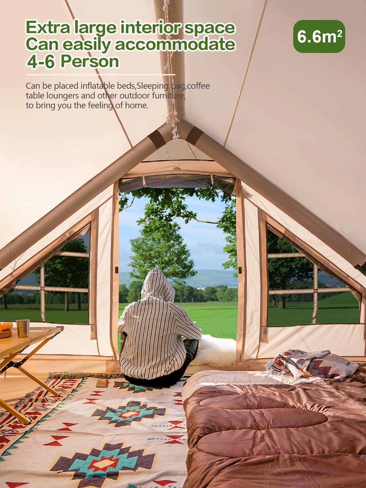Inflatable Camping Tent with Pump, 4-6 Person Glamping Tents Sun Shelter, Easy Setup Waterproof Outdoor Oxford Tents, Self-Supporting Structure Inflatable House Tent
