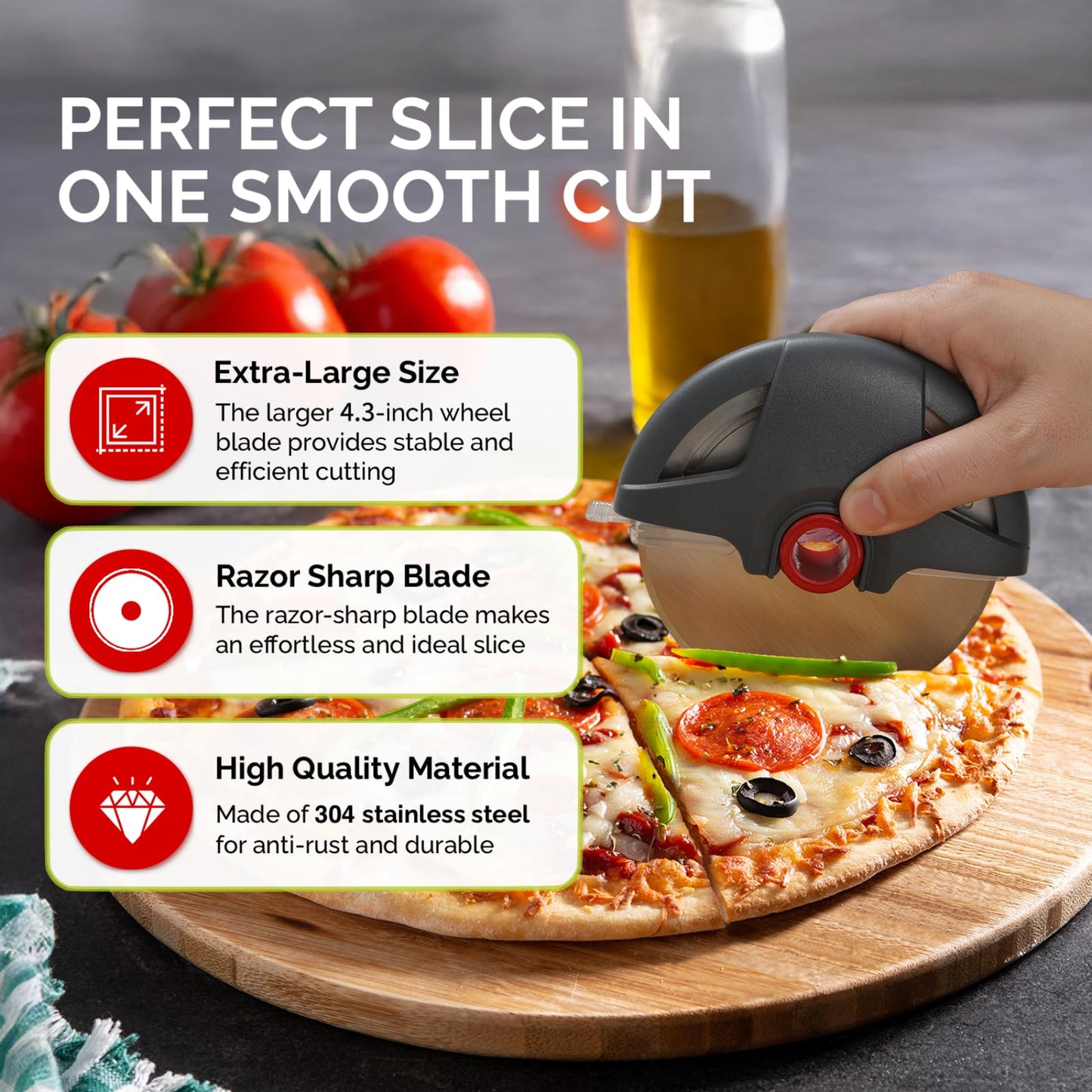 UHIYEE Pizza Cutter Wheel, 4.3" Large 304(18/8) Stainless Steel Blade, Reinforced Durable Pizza Slicer, Fully Detachable & Dishwasher Safe with Safety Protective Cover
