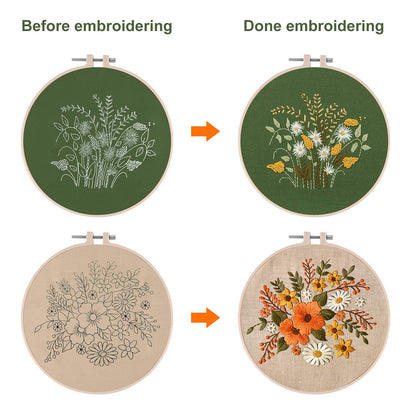 FEPITO 2 Sets Full Range Embroidery Starter Kit with Pattern and Instructions Cross Stitch Kit Includes 2 Pcs Embroidery Clothes with Floral Pattern, 1 Pcs Plastic Embroidery Hoops, 1 Pcs Scissor