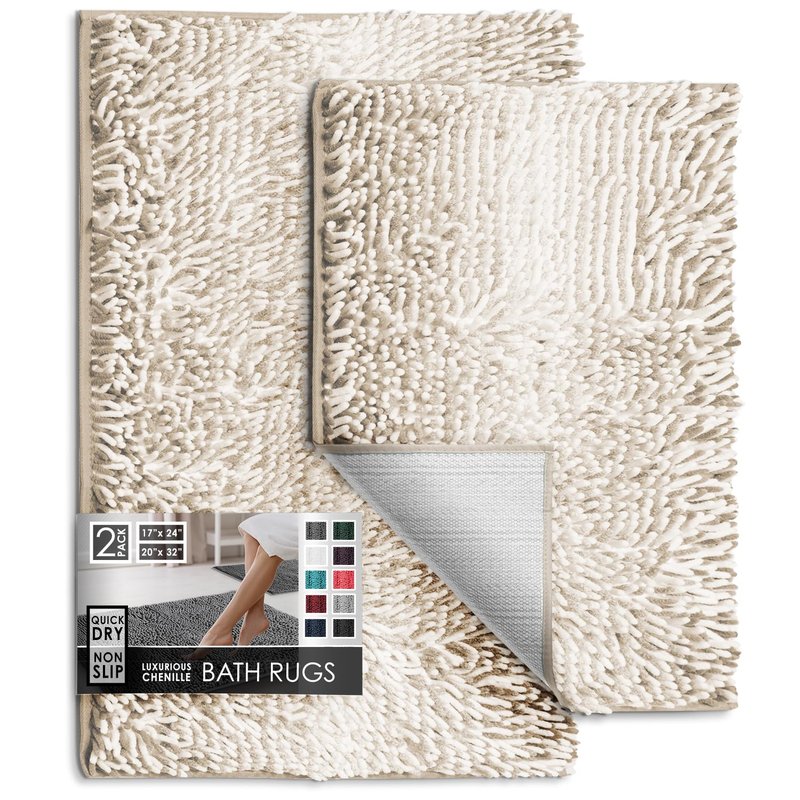 Hearth & Harbor Bathroom Rugs, Chenille Bath Mat - Machine Washable Bath Mats for Bathroom Non-Slip Backing Rubber, Quick Dry Bathroom Mat, 17 x 24 + 20 x 32 - Ombre Beige