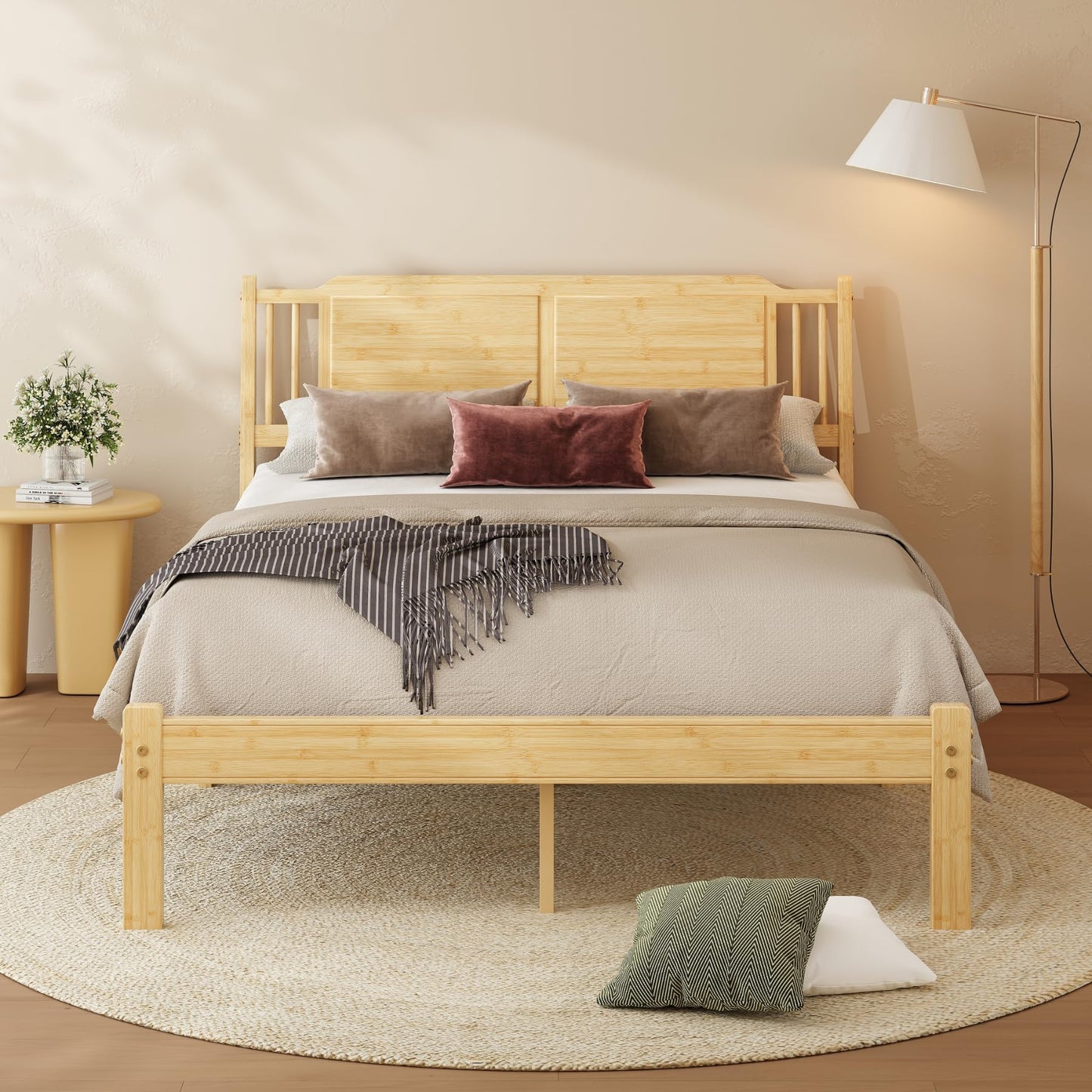 Askeld Bamboo Queen Bed Frame with Headboard, 14 inch Wood Platform Bed Frames Queen Size No Box Spring Needed, Rustic Farmhouse Heavy Duty Bedframe Noise Free, Easy Assembly
