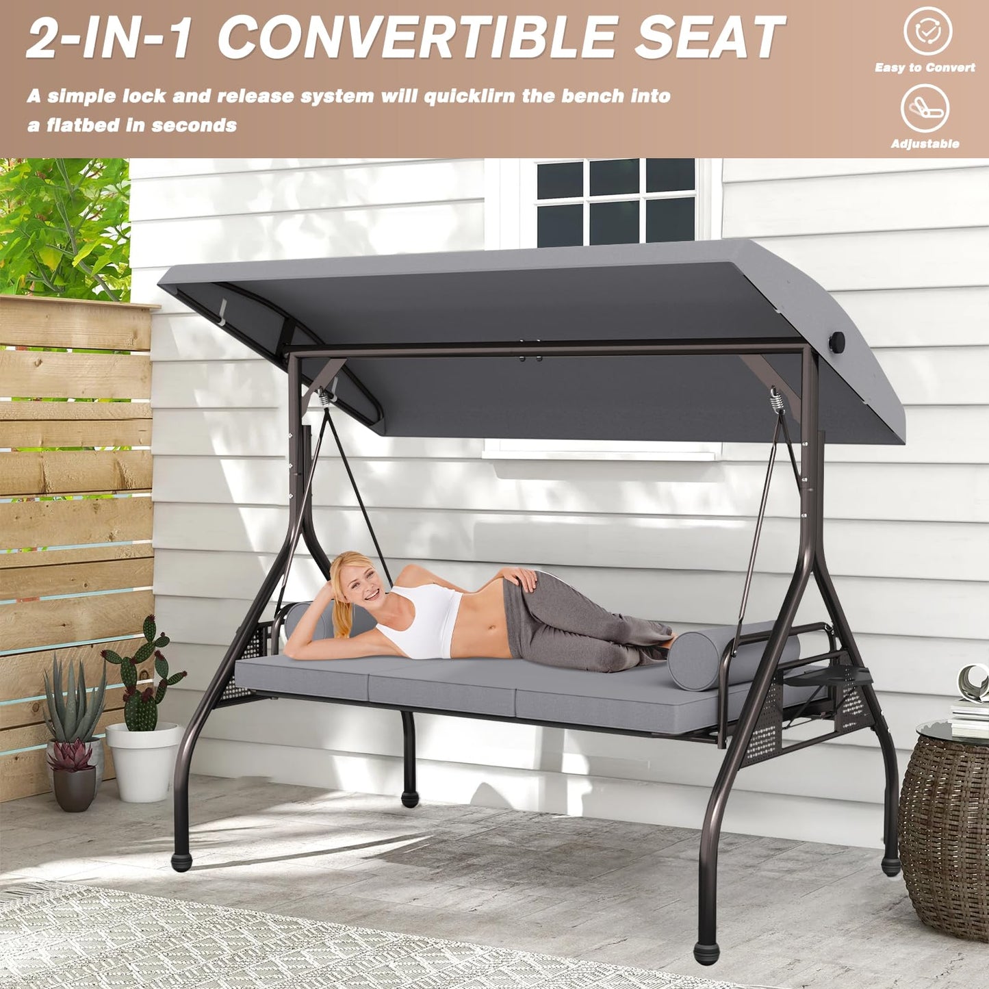 Patiomore 3 Seat Outdoor Porch Swing Chair, Adjustable Canopy Swing Bench, Convertible Backrest Swing Bed with Thicken Cushions, Pillow & Cup Hold (Grey), Gray