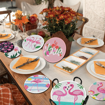 JeCuiK 8 Pcs Flamingo Diamond Painting Coaster Kit DIY Diamond Art Coasters with Holder Diamond Coasters Diamond Art Painting Kits for Adults Beginner Art Crafts Supplies