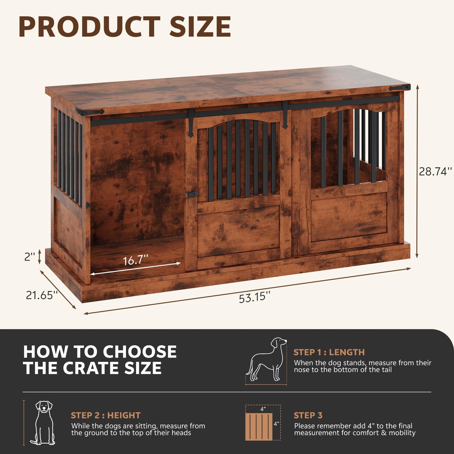 Homiflex Dog Crate Furniture with Barn Sliding Doors, 53" Large Dog Kennel Furniture Indoor with Divider for Medium Large Dogs, Heavy Duty Wooden Dog Cage Decorative TV Stand, Brown