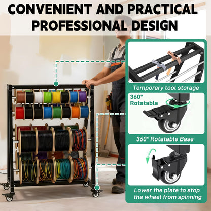 Ustinian Wire Spool Rack, Cable Organizer and Reel with Locking Wheels,Equipped with an adjustable spindle rod, For Electrical and Industrial Use, Holds up to 12 spool rods, 400 pound weight capacity