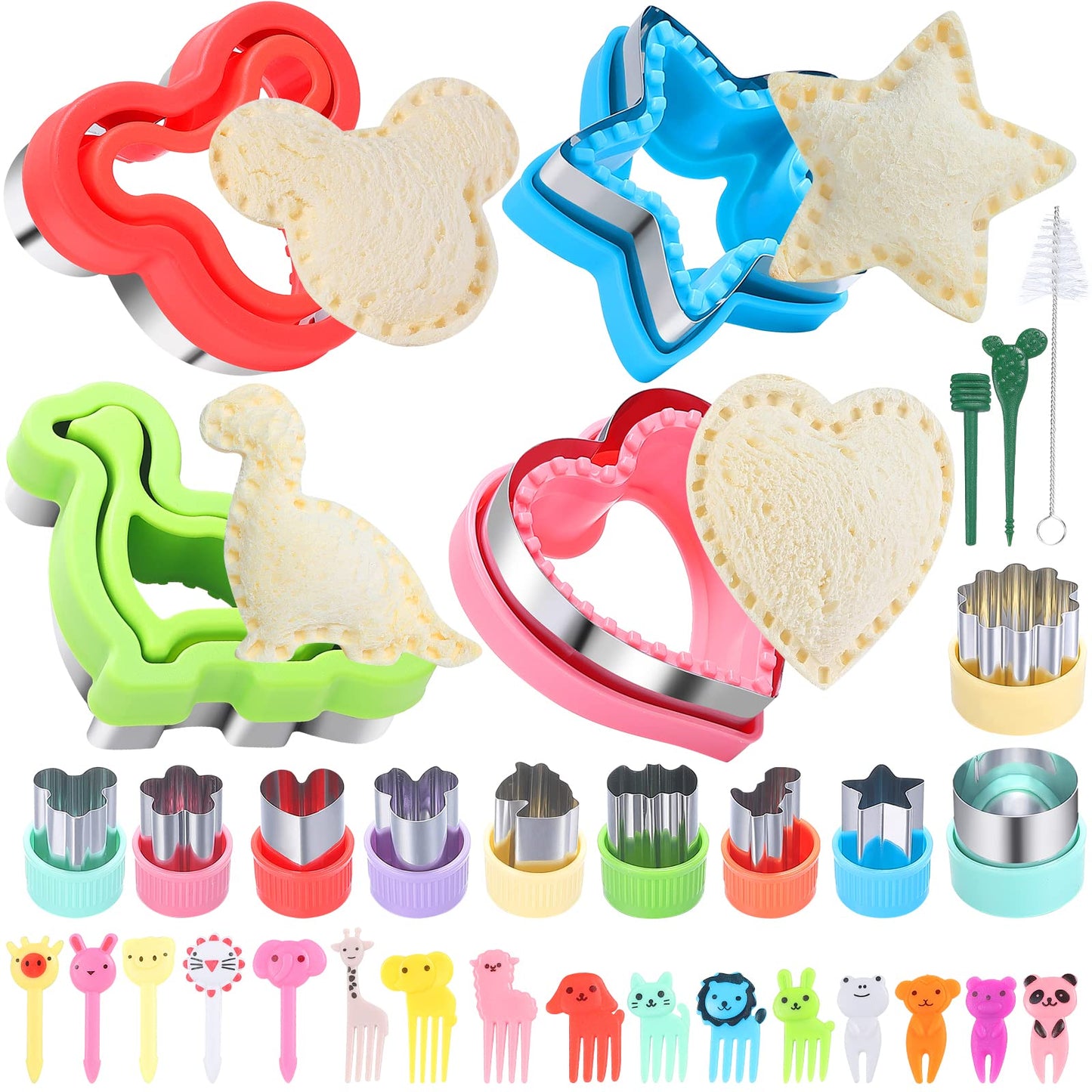 BakingWorld Sandwich Cutter and Sealer Set,14 Pcs Sandwich Maker Bread Cutters DIY Cookie Cutters Fruit Vegetable Cutter Shapes for Kids Boys & Girls Bento Lunch Box with 16 pcs Animal Food Picks