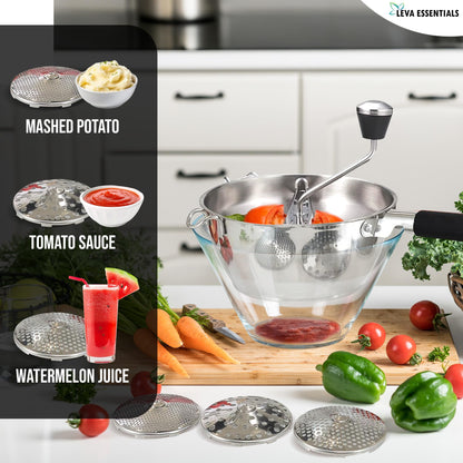 Premium Stainless Steel Food Mill - Effortless Pureeing, Straining & Milling for Soups, Sauces, Baby Food, and More – Includes 3 Interchangeable Discs – Durable & Easy-to-Clean Design
